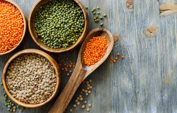 Lentils and moong beans for healthy cooking copy space background