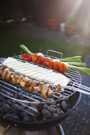 Fresh vegetable skewers on barbecue grill